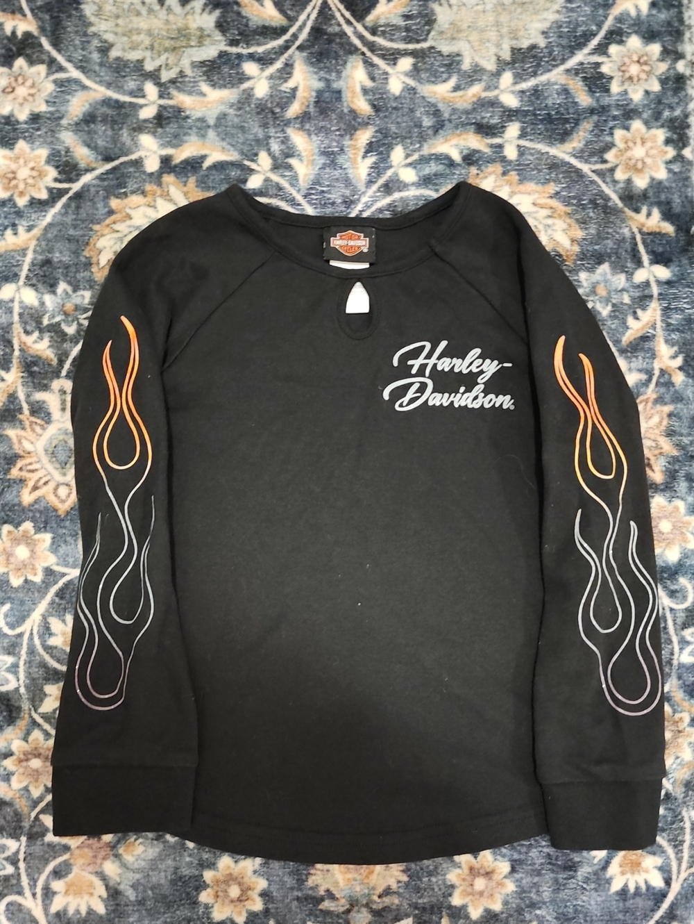 Harley-Davidson Black Long Sleeve Tee with Orange & White Flame Sleeves